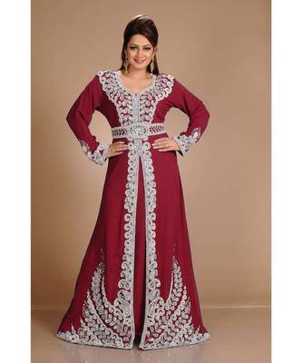 Maroon color full sleeves Handmade Moroccan Kaftan with Sun-proof hiijab 3