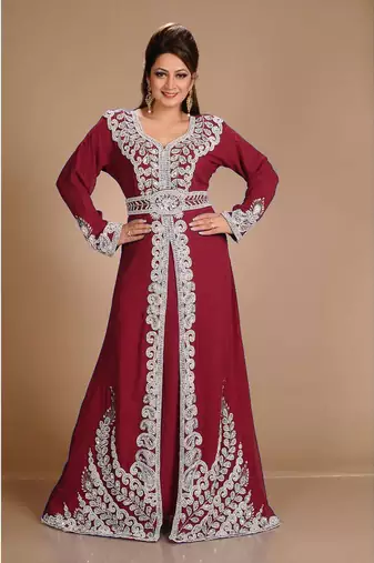 Maroon color full sleeves Handmade Moroccan Kaftan with Sun-proof hiijab
