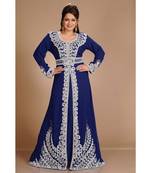 Navy-Blue color luxurious full sleeves Handmade Moroccan Kaftan with Sun-proof hijab.