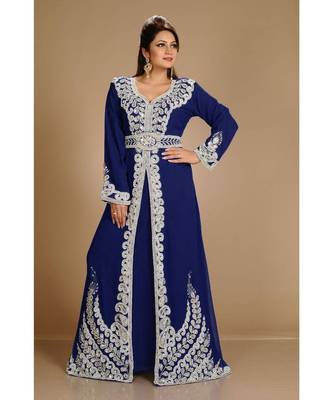 Navy-Blue color full sleeves Handmade Moroccan Kaftan with Sun-proof hijab 2