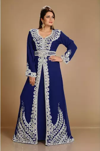 Navy-Blue color full sleeves Handmade Moroccan Kaftan with Sun-proof hijab