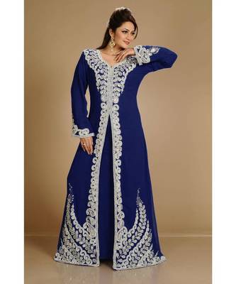 Navy-Blue color full sleeves Handmade Moroccan Kaftan with Sun-proof hijab 3