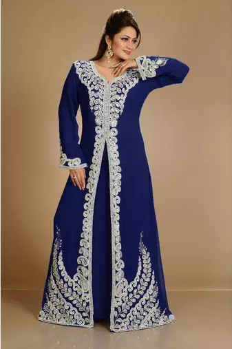 Navy-Blue color full sleeves Handmade Moroccan Kaftan with Sun-proof hijab