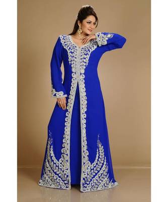 Royal-Blue color full sleeves Handmade Moroccan Kaftan with Sun-proof hiijab 1