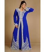 Royal-Blue color luxurious full sleeves Handmade Moroccan Kaftan with Sun-proof hiijab.