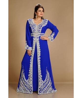 Royal-Blue color full sleeves Handmade Moroccan Kaftan with Sun-proof hiijab 2