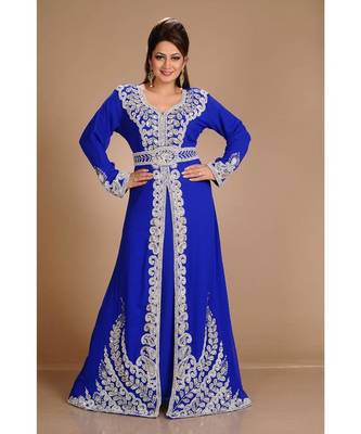 Royal-Blue color full sleeves Handmade Moroccan Kaftan with Sun-proof hiijab 3