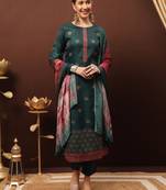 Teal embroidered dola silk unstitched designer dress material