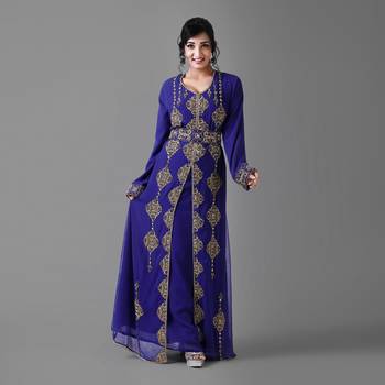 Royal -Blue color Full Sleeves Handmade Moroccan Kaftan With Sun-proof hijab 1