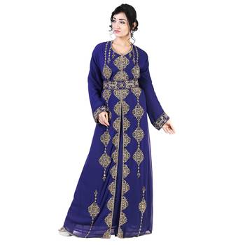 Royal -Blue color Full Sleeves Handmade Moroccan Kaftan With Sun-proof hijab 2