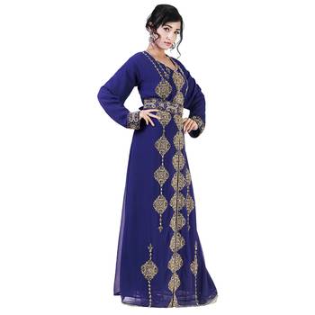 Royal -Blue color Full Sleeves Handmade Moroccan Kaftan With Sun-proof hijab 3