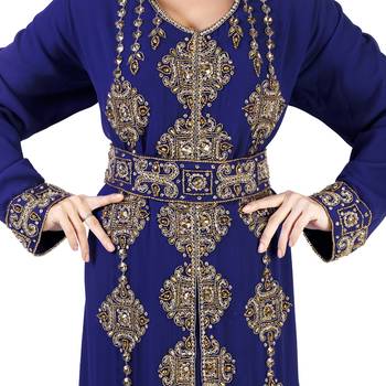 Royal -Blue color Full Sleeves Handmade Moroccan Kaftan With Sun-proof hijab 4