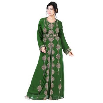 Dark-Green color Full Sleeves Handmade Moroccan Kaftan With Sun-proof hijab 1