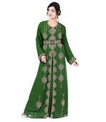 Dark-Green color luxurious Full Sleeves Handmade Moroccan Kaftan With Sun-proof hijab.