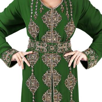 Dark-Green color Full Sleeves Handmade Moroccan Kaftan With Sun-proof hijab 3