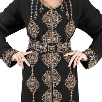 Black color full sleeves Handmade Moroccan Kaftan with Sun-proof hiijab 3