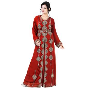 Maroon color full sleeves Handmade Moroccan Kaftan with Sun-proof hiijab 1
