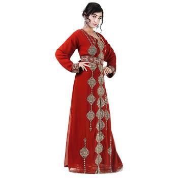 Maroon color full sleeves Handmade Moroccan Kaftan with Sun-proof hiijab 2