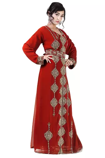 Maroon color full sleeves Handmade Moroccan Kaftan with Sun-proof hiijab