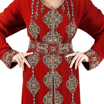 Maroon color full sleeves Handmade Moroccan Kaftan with Sun-proof hiijab 3