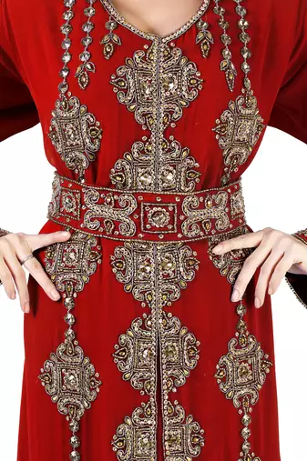 Maroon color full sleeves Handmade Moroccan Kaftan with Sun-proof hiijab