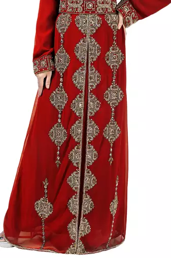 Maroon color full sleeves Handmade Moroccan Kaftan with Sun-proof hiijab