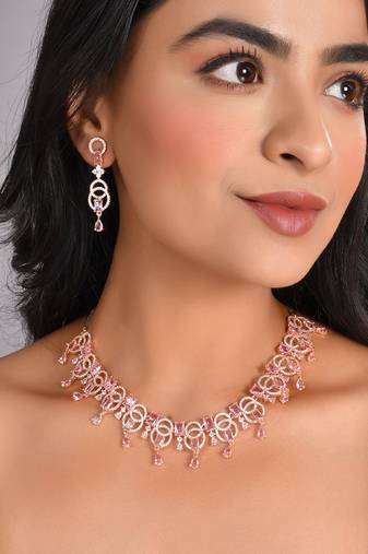 Rose gold-plated pink ad stone-studded handcrafted emerald jewellery set