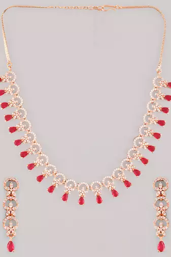 Rose gold-plated ad stone-studded handcrafted red jewellery set