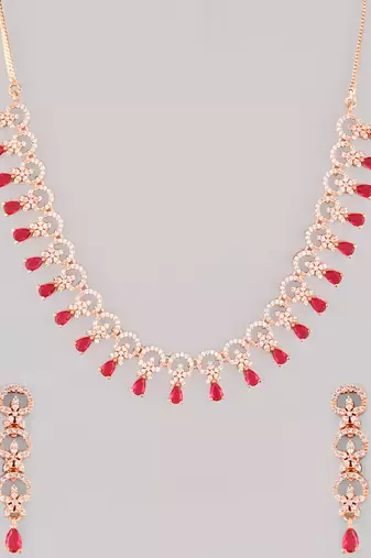 Rose gold-plated ad stone-studded handcrafted red jewellery set