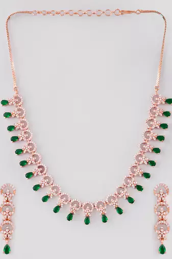 Rose gold-plated ad stone-studded handcrafted red jewellery set