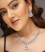 Silver-plated ad stone-studded handcrafted pink and silver jewellery set