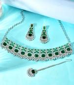 Silver-plated ad stone-studded handcrafted emerald jewellery set with tikka