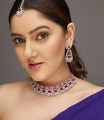 Silver-plated ad stone-studded handcrafted red jewellery set with tikka