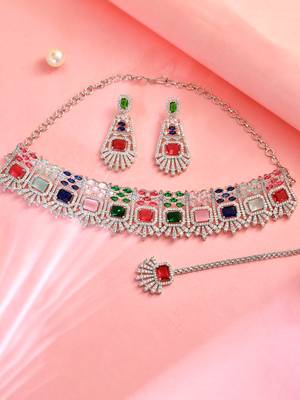 Silver-plated ad stone-studded handcrafted multi color jewellery set with tikka 1