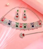 Silver-plated ad stone-studded handcrafted multi color jewellery set with tikka