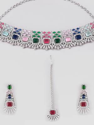 Silver-plated ad stone-studded handcrafted multi color jewellery set with tikka 2