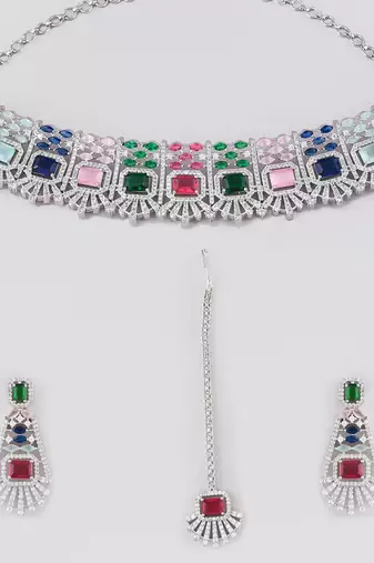 Silver-plated ad stone-studded handcrafted multi color jewellery set with tikka
