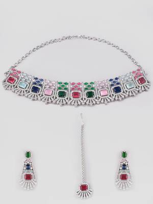 Silver-plated ad stone-studded handcrafted multi color jewellery set with tikka 3