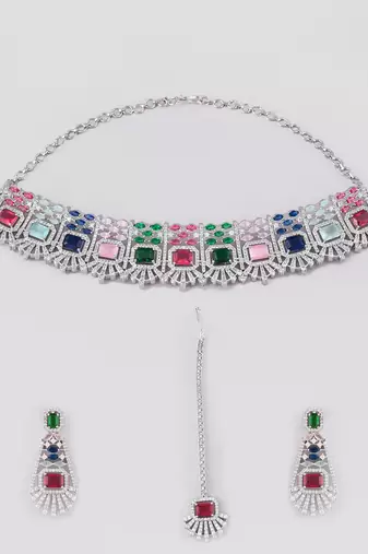 Silver-plated ad stone-studded handcrafted multi color jewellery set with tikka
