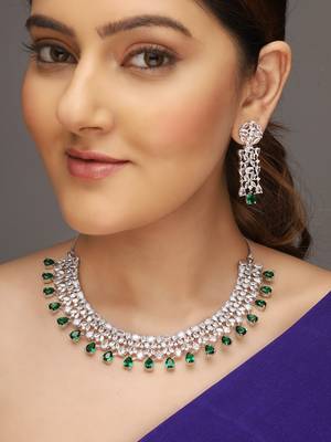 Silver-toned white & green cz stone-studded necklace set 1