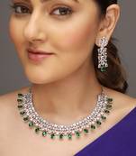 Silver-toned white & green cz stone-studded necklace set