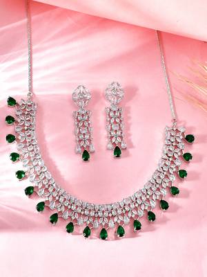 Silver-toned white & green cz stone-studded necklace set 2