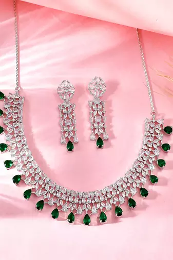 Silver-toned white & green cz stone-studded necklace set
