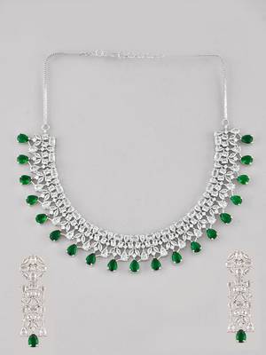 Silver-toned white & green cz stone-studded necklace set 3