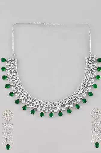 Silver-toned white & green cz stone-studded necklace set