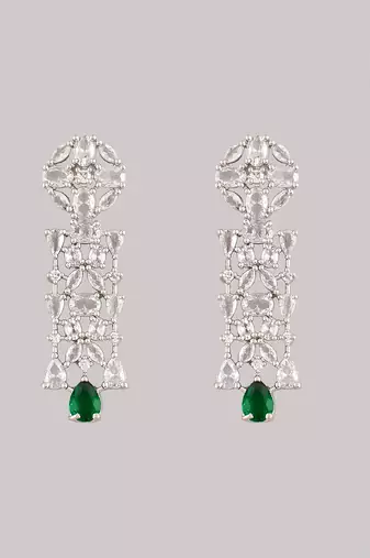 Silver-toned white & green cz stone-studded necklace set