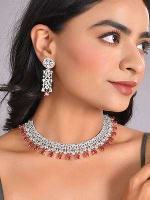 Silver-toned white & green cz stone-studded necklace set 1