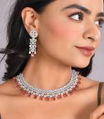 Silver-toned white & green cz stone-studded necklace set