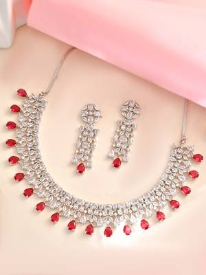 Silver-toned white & green cz stone-studded necklace set 2