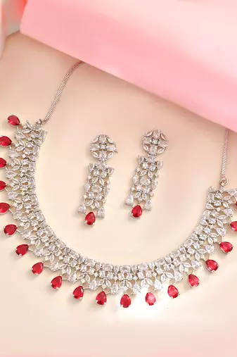 Silver-toned white & green cz stone-studded necklace set